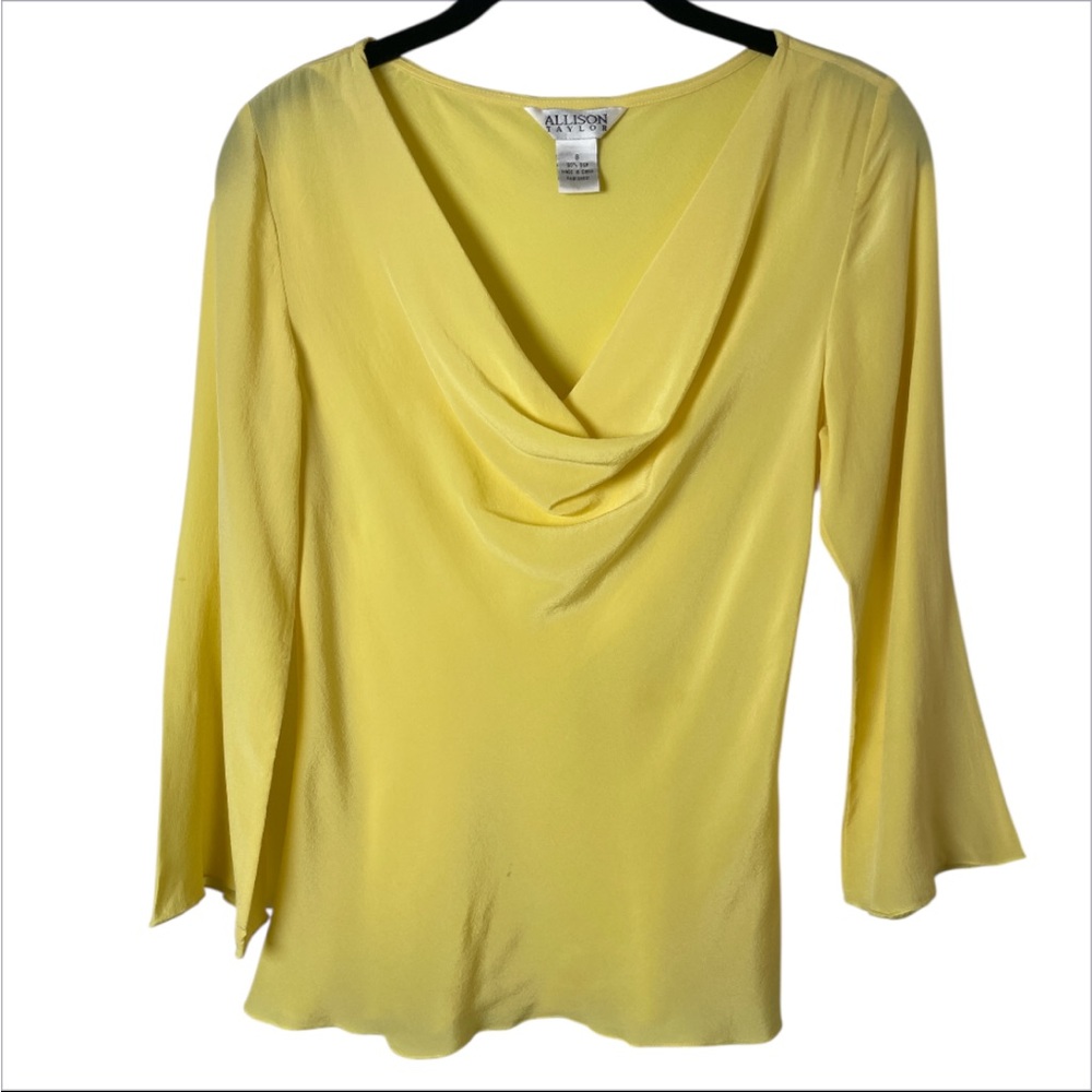 Vintage Allison Taylor Womens Small Yellow 100% Silk Cowl Neck Bell Sleeve Top